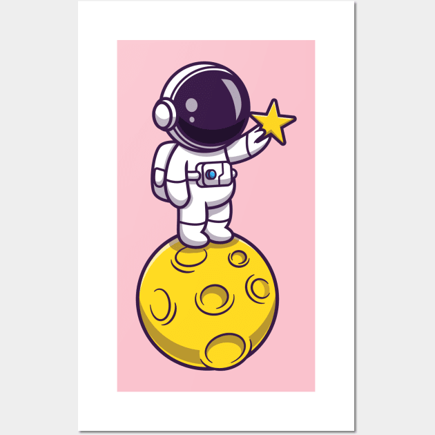 Astronaut Holding Star On Moon Cartoon Wall Art by Catalyst Labs